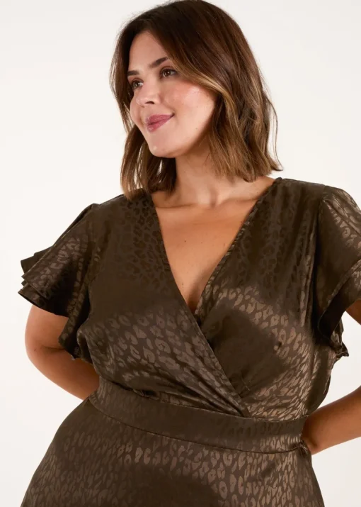 Blue Vanilla Khaki Curve Leopard Jacquard Frill Sleeve Mini Dress
