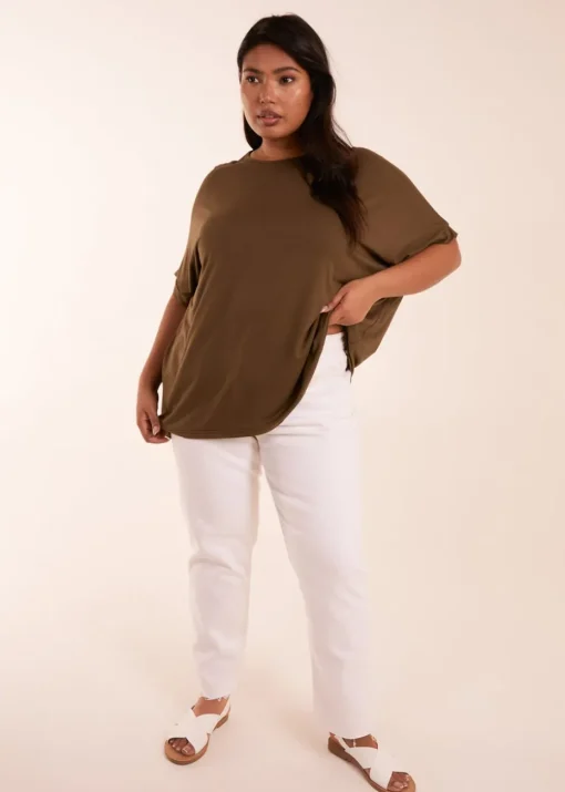 Blue Vanilla Khaki Curve Floral Crochet Back Top