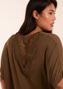 Blue Vanilla Khaki Curve Floral Crochet Back Top