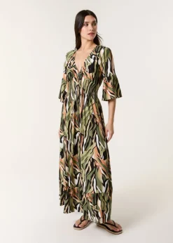 Blue Vanilla Khaki Elasticated Neck Shirred Waist Maxi Dress