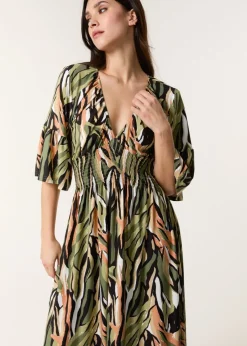 Blue Vanilla Khaki Elasticated Neck Shirred Waist Maxi Dress