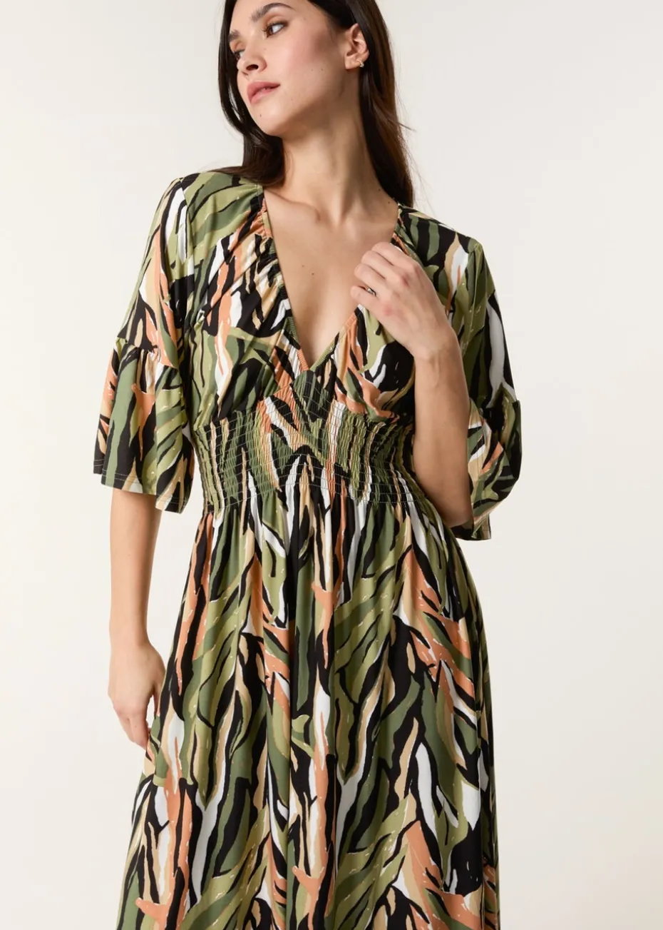 Blue Vanilla Khaki Elasticated Neck Shirred Waist Maxi Dress