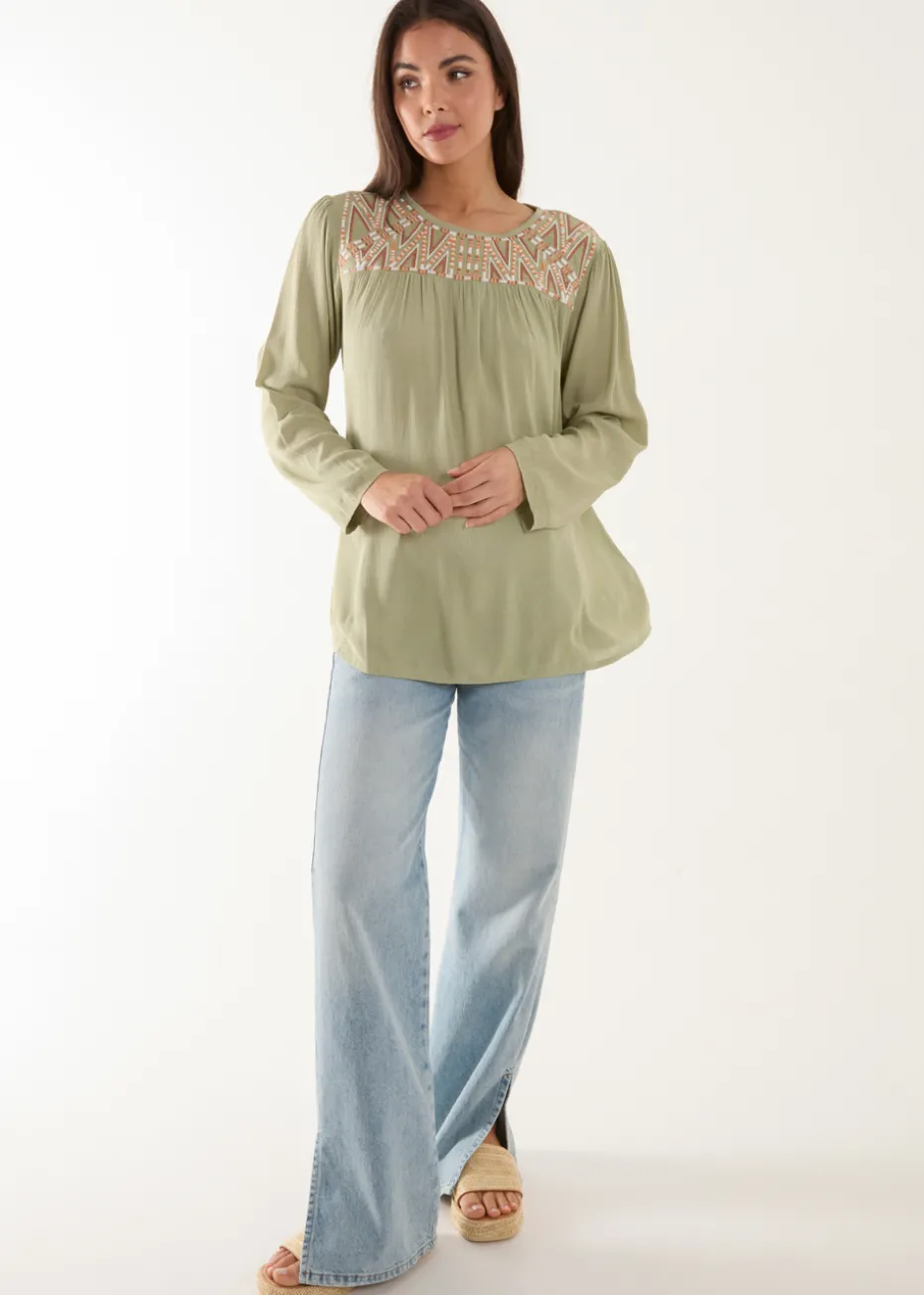 Blue Vanilla Khaki Embroidered Top