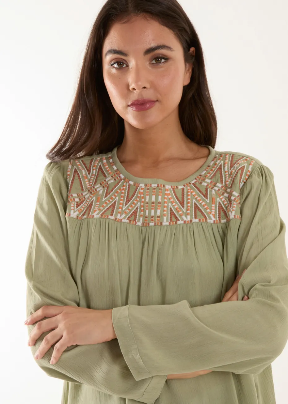 Blue Vanilla Khaki Embroidered Top