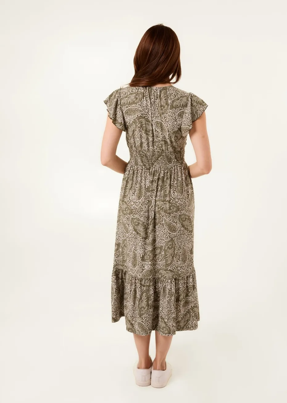 Blue Vanilla Khaki Frill Sleeve V Neck Button Front Midi Dress