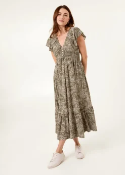 Blue Vanilla Khaki Frill Sleeve V Neck Button Front Midi Dress