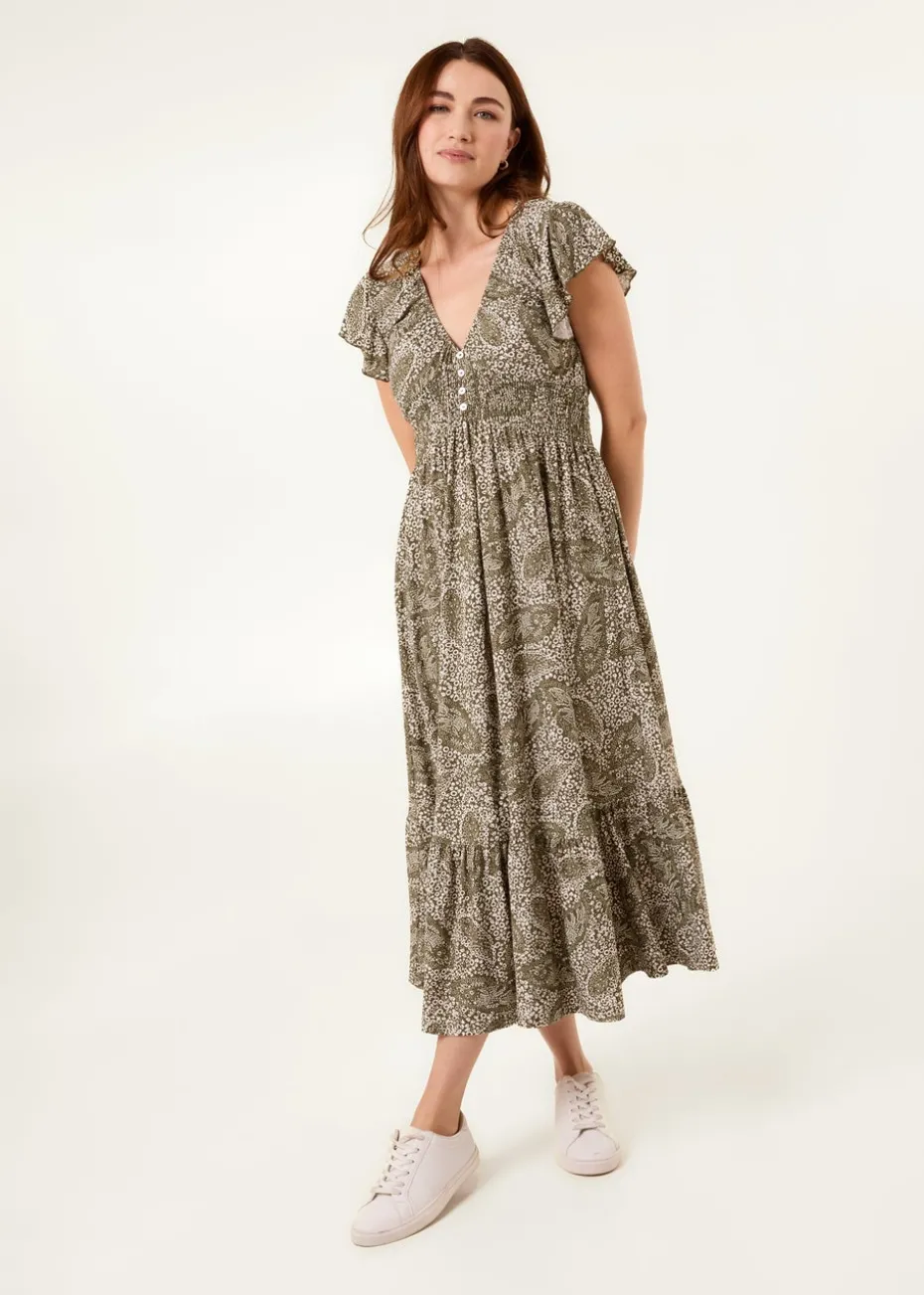 Blue Vanilla Khaki Frill Sleeve V Neck Button Front Midi Dress