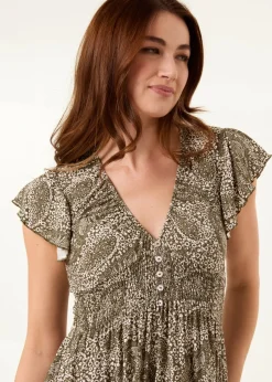 Blue Vanilla Khaki Frill Sleeve V Neck Button Front Midi Dress