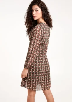 Blue Vanilla Khaki Geometric Print Wrap Front Pleated Dress