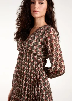 Blue Vanilla Khaki Geometric Print Wrap Front Pleated Dress