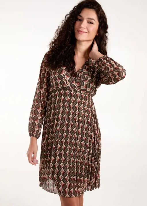 Blue Vanilla Khaki Geometric Print Wrap Front Pleated Dress