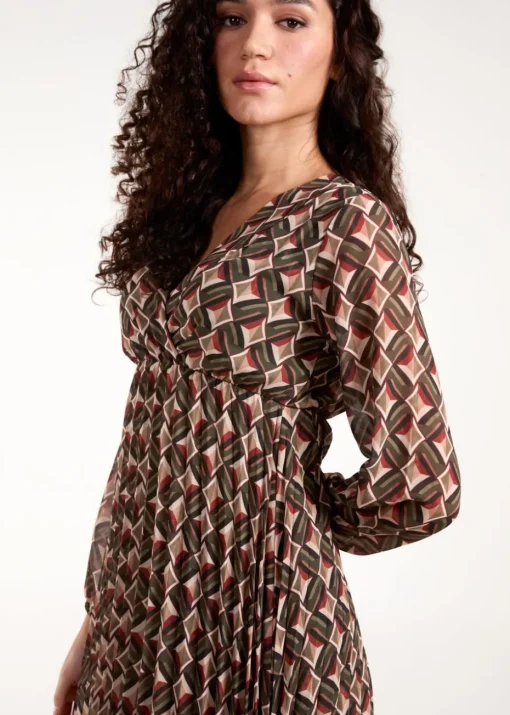 Blue Vanilla Khaki Geometric Print Wrap Front Pleated Dress