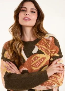 Blue Vanilla Khaki Glitter Flower Knit Jumper