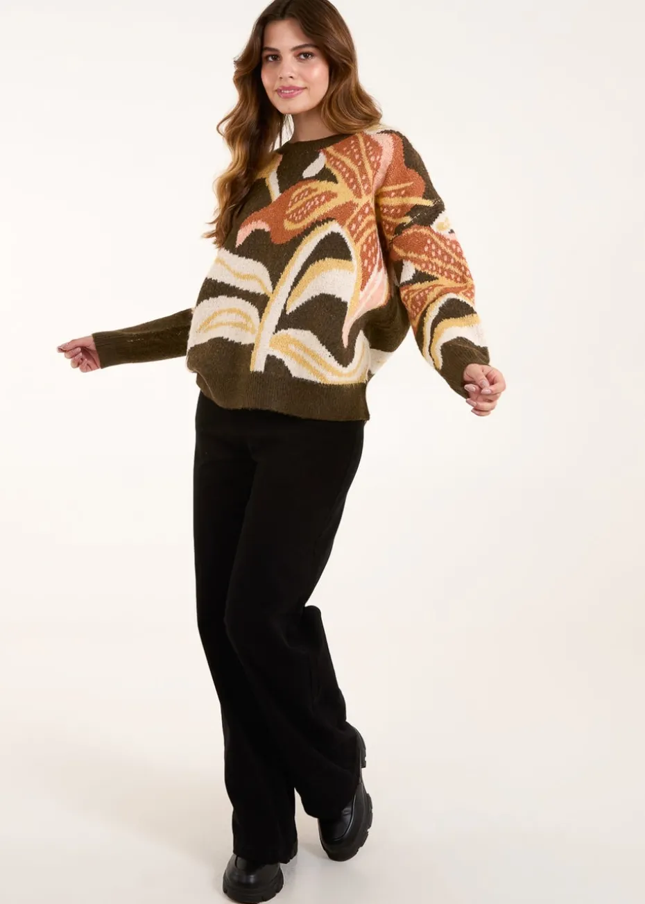 Blue Vanilla Khaki Glitter Flower Knit Jumper