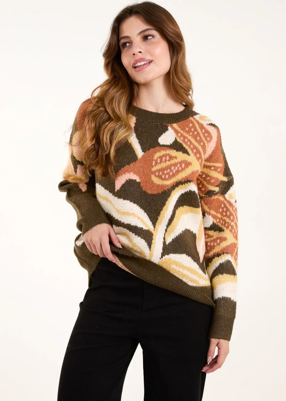 Blue Vanilla Khaki Glitter Flower Knit Jumper