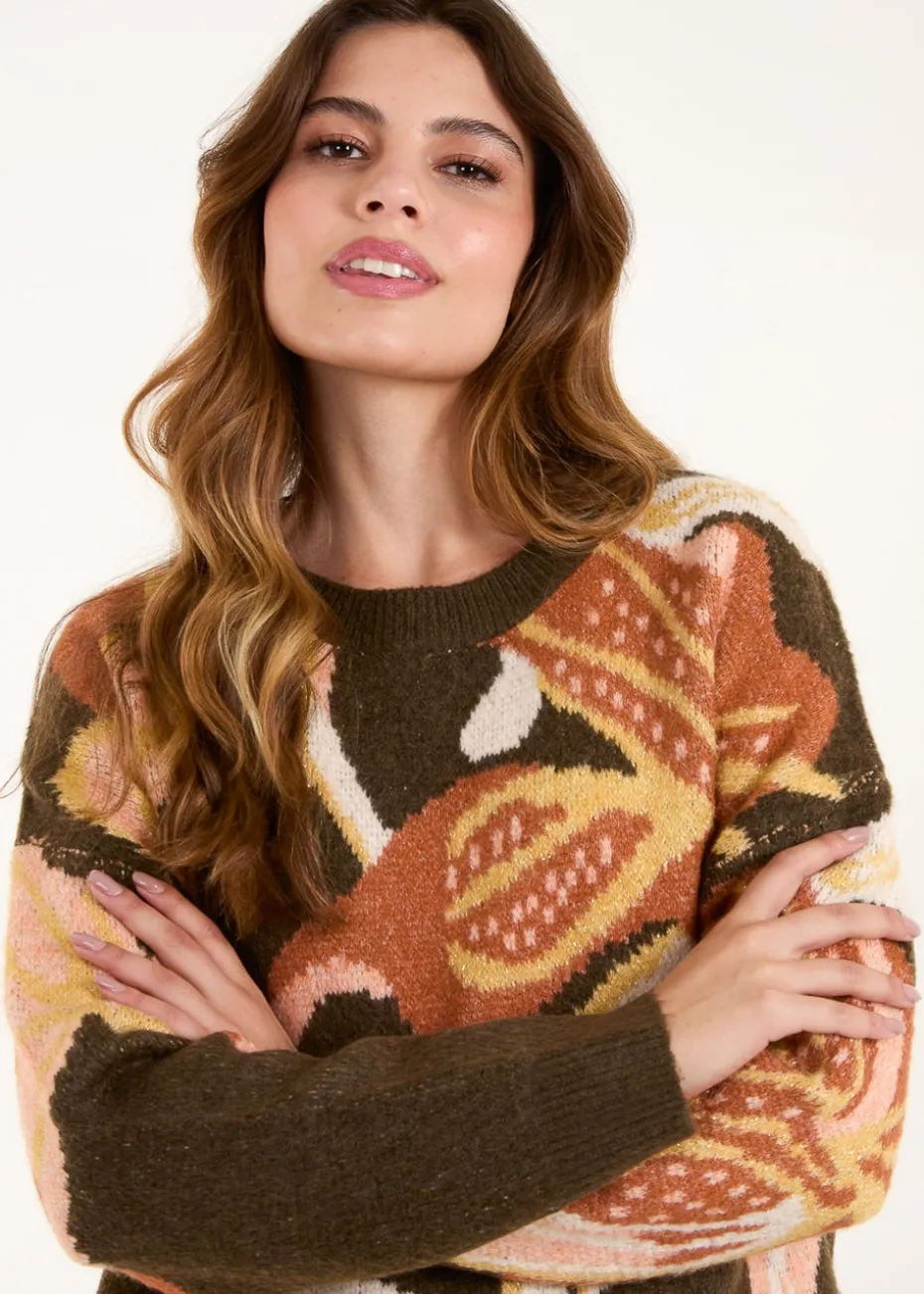 Blue Vanilla Khaki Glitter Flower Knit Jumper