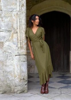 Blue Vanilla Khaki Lace Wrap Midi Dress