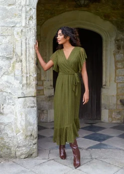 Blue Vanilla Khaki Lace Wrap Midi Dress