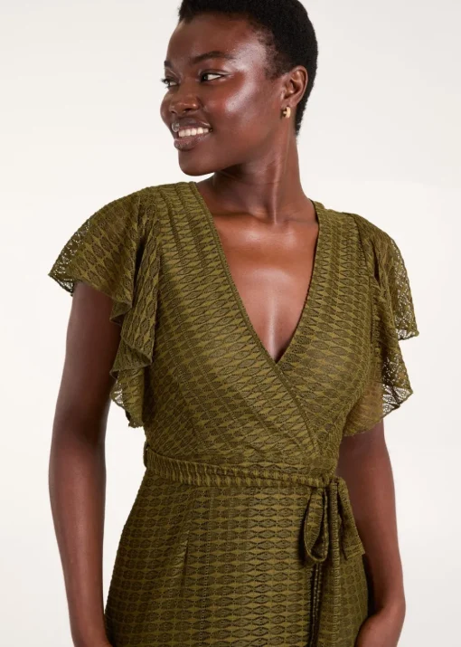 Blue Vanilla Khaki Lace Wrap Midi Dress