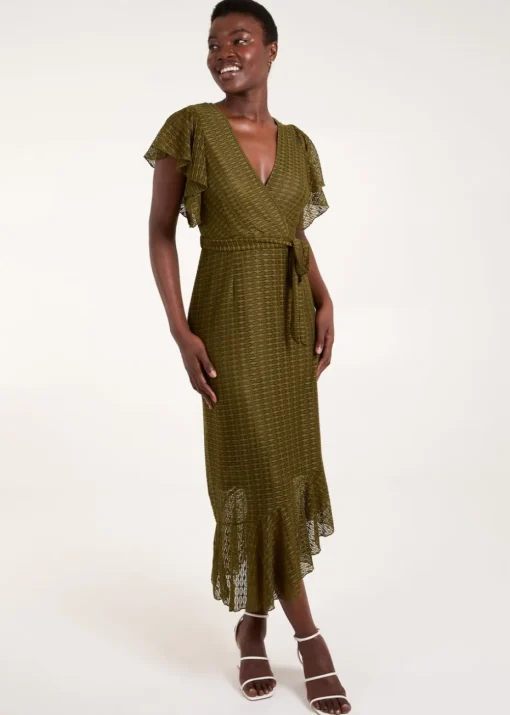 Blue Vanilla Khaki Lace Wrap Midi Dress