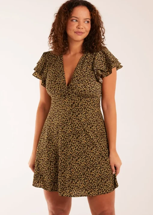 Blue Vanilla Khaki Leopard Print Wrap Ruffle Mini Dress