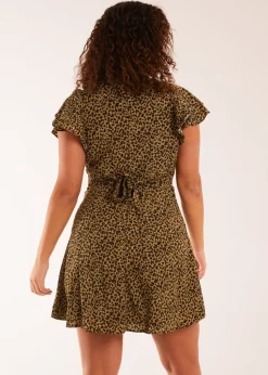 Blue Vanilla Khaki Leopard Print Wrap Ruffle Mini Dress