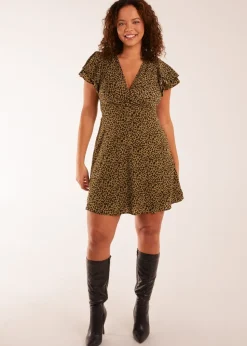 Blue Vanilla Khaki Leopard Print Wrap Ruffle Mini Dress