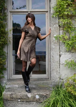 Blue Vanilla Khaki Leopard Jacquard Frill Sleeve Dress