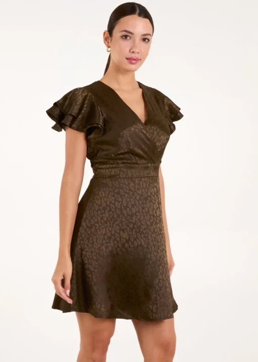 Blue Vanilla Khaki Leopard Jacquard Frill Sleeve Dress