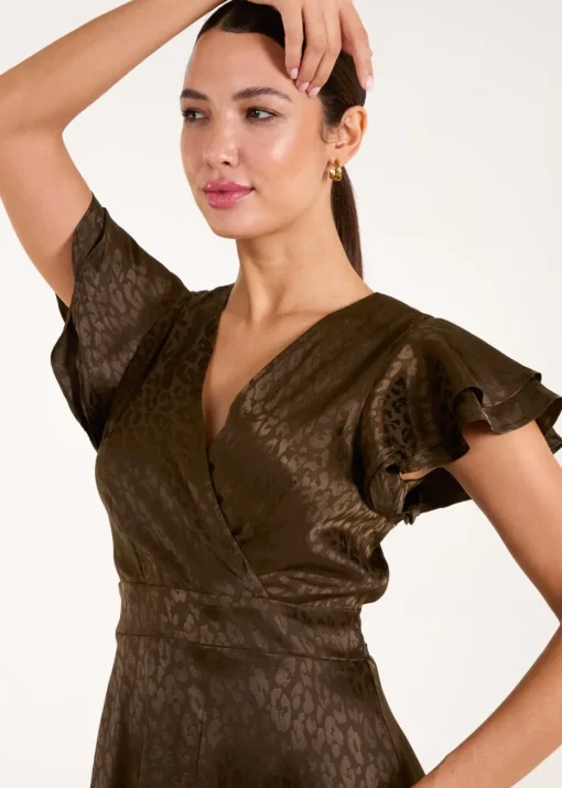 Blue Vanilla Khaki Leopard Jacquard Frill Sleeve Dress