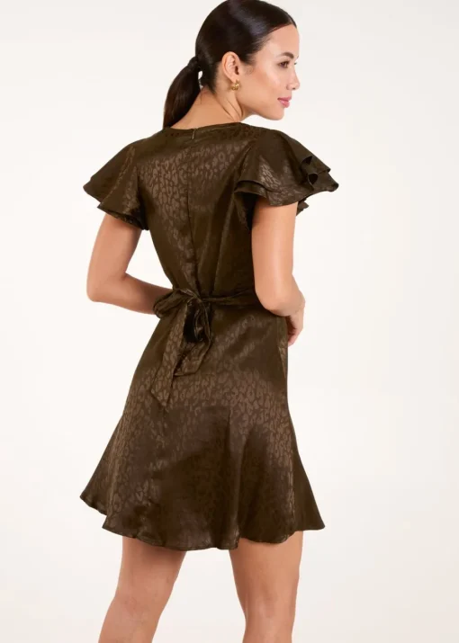 Blue Vanilla Khaki Leopard Jacquard Frill Sleeve Dress