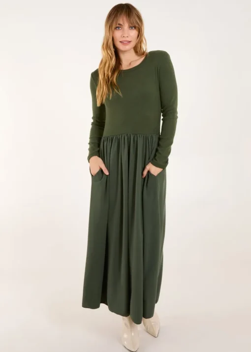 Blue Vanilla Khaki Long Sleeve Scuba Crepe Skirt Dress