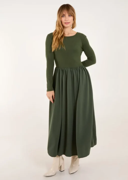 Blue Vanilla Khaki Long Sleeve Scuba Crepe Skirt Dress