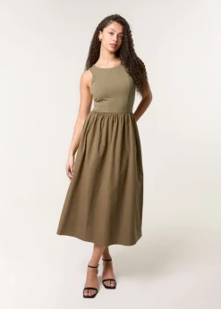 Blue Vanilla Khaki Mix Fabric Midi Dress