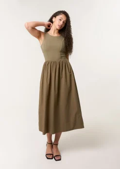 Blue Vanilla Khaki Mix Fabric Midi Dress