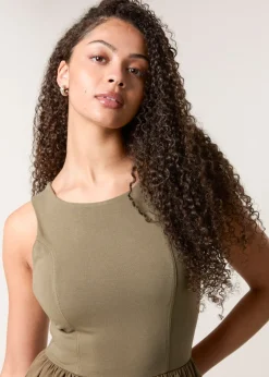 Blue Vanilla Khaki Mix Fabric Midi Dress