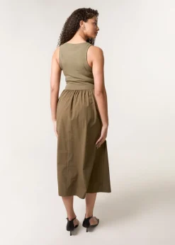 Blue Vanilla Khaki Mix Fabric Midi Dress