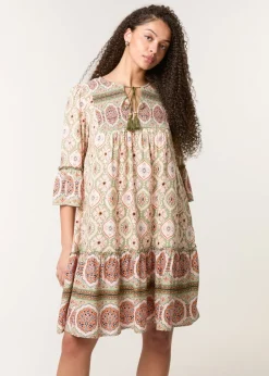 Blue Vanilla Khaki Mix Print Smock Dress With Tassel Tie