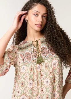 Blue Vanilla Khaki Mix Print Smock Dress With Tassel Tie
