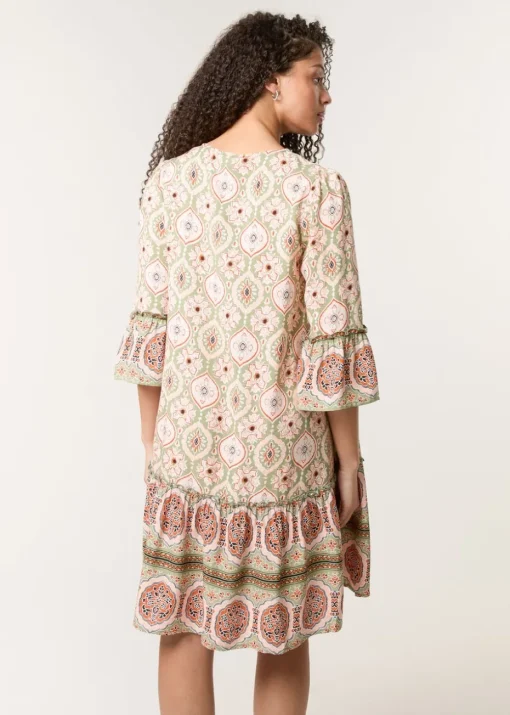 Blue Vanilla Khaki Mix Print Smock Dress With Tassel Tie