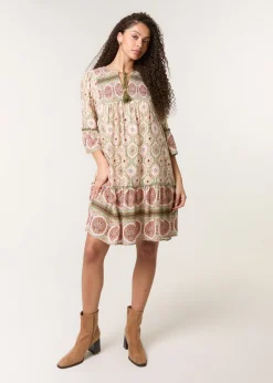 Blue Vanilla Khaki Mix Print Smock Dress With Tassel Tie