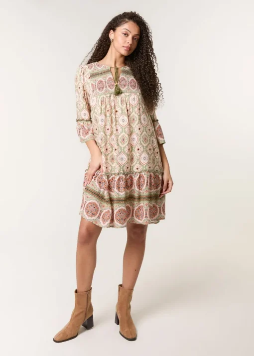 Blue Vanilla Khaki Mix Print Smock Dress With Tassel Tie