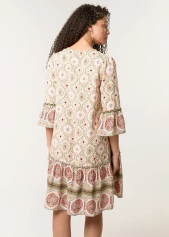 Blue Vanilla Khaki Mix Print Smock Dress With Tassel Tie