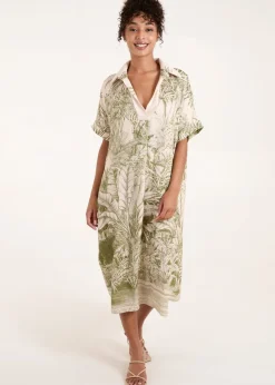 Blue Vanilla Khaki Palm Leaf Open Collar Dress