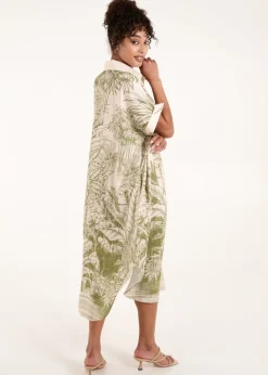Blue Vanilla Khaki Palm Leaf Open Collar Dress