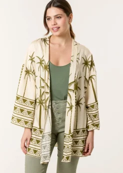 Blue Vanilla Khaki Palm Print Kimono