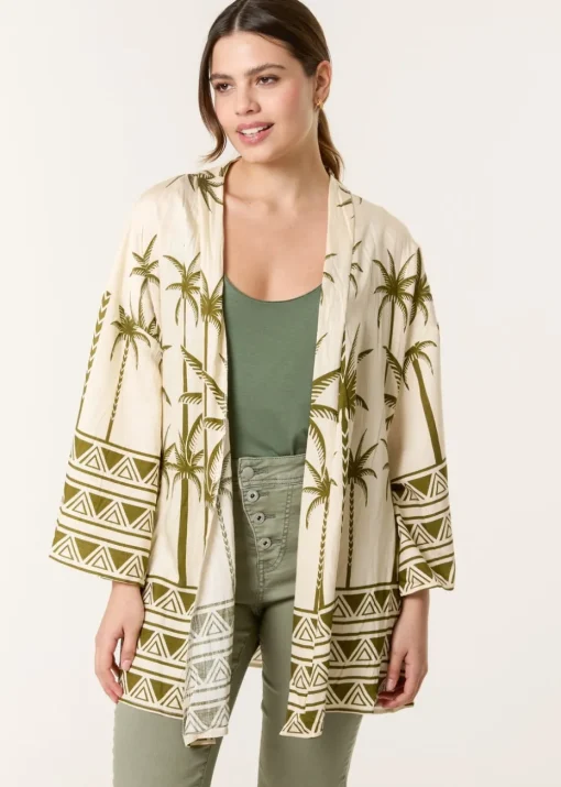 Blue Vanilla Khaki Palm Print Kimono