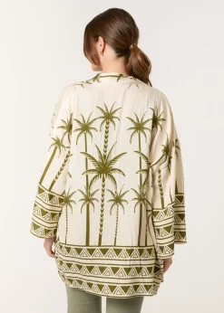 Blue Vanilla Khaki Palm Print Kimono