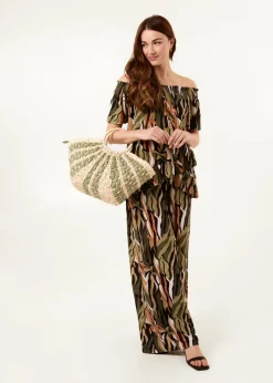Blue Vanilla Khaki Plisse Tropical Print Wide Leg Trousers
