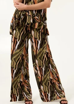 Blue Vanilla Khaki Plisse Tropical Print Wide Leg Trousers